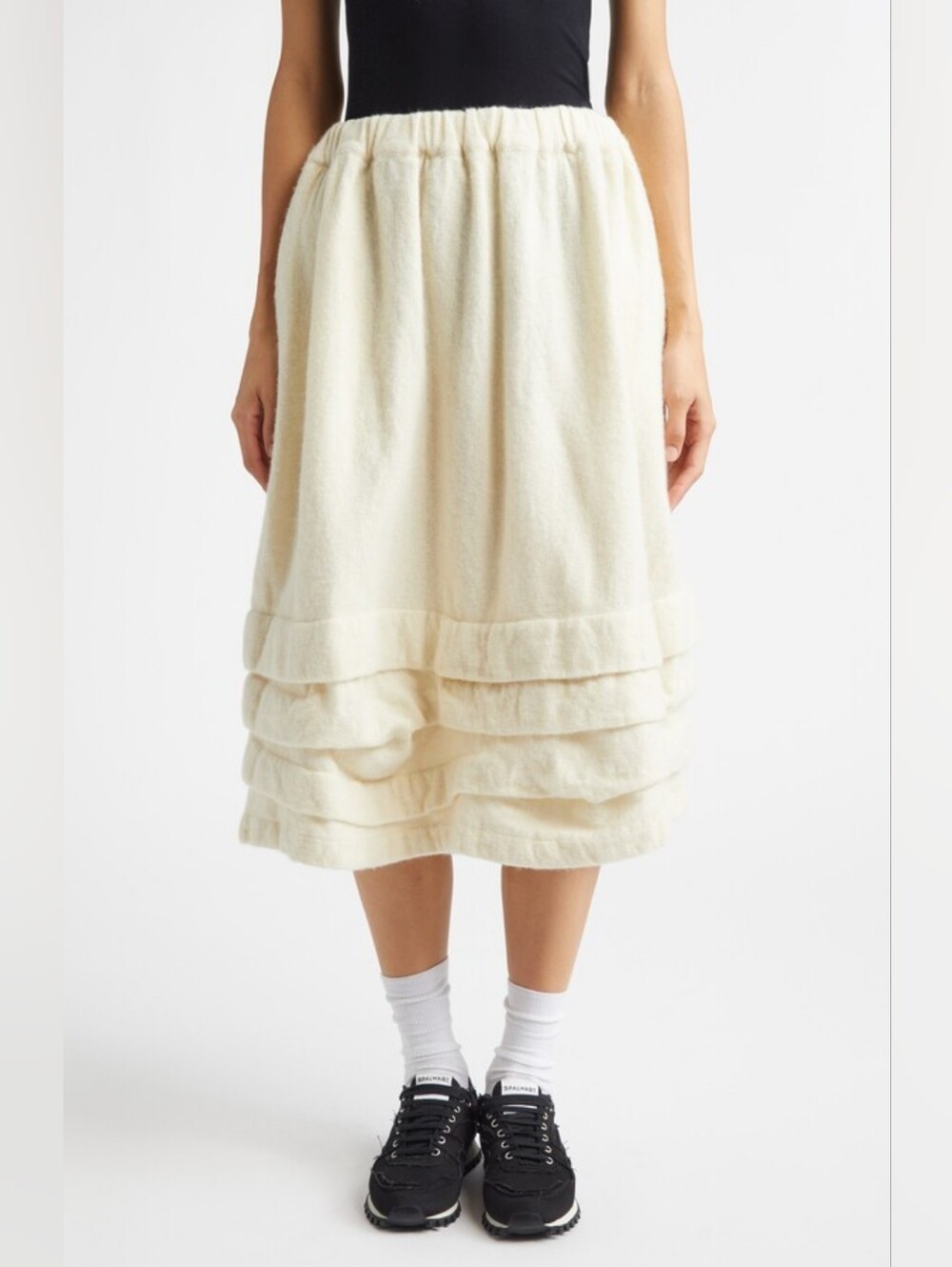 COMME DES GARÇONS Felted Wool Blend Tiered Hem Midi Skirt In Ecru S Org $945